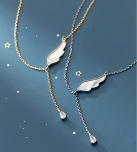 925 Sterling Silver Angel Wing Natural Shell Pendant Necklace Choker 17" PE56 - Picture 1 of 13