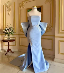 Blue Appliques Mermaid Wedding Dresses Side Split Mermaid Satin Bridal Gowns - Picture 1 of 9