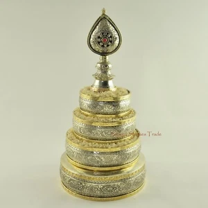 Tibetan Buddhist Dharma Objects White Metal Offering Copper Mandala Set 5" - Picture 1 of 9