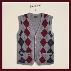 Neu mit Etikett - J. Crew 100% Kaschmir Strickjacke Pullover-Weste in Argyle, grau marine weinrot, L - Bild 1 von 7