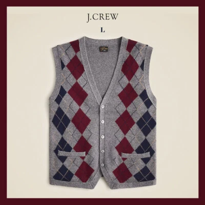 NWT - J. Crew 100% Cashmere Cardigan Sweater-Vest In Argyle, Gray Navy Maroon, L - Image 1 of 4
