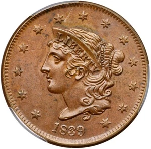 1839 N-5 R-2 PCGS MS 64 BN CAC Matron or Coronet Head Large Cent Coin 1c - Picture 1 of 2