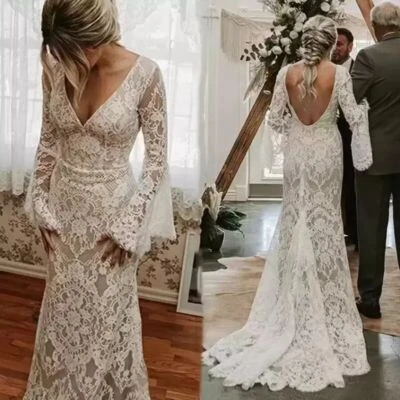 Beach Mermaid V Neck Long Sleeve Wedding Dresses Backless Lace Bridal Gown - Image 1 of 4