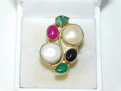 Artistico Sterling Perla Argento Rubino Onice Giada Smeraldo Cornice Misura 7 - Immagine 1 di 4