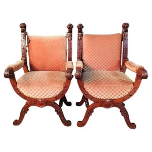 Q' 2 Fauteuil Style Ancien Style Baroque 19.JH Ciseaux Löwenköpfe Noyer Sculpté - Photo 1 sur 12