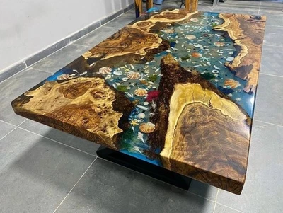 Ocean Epoxy River Table – Live Edge Wood & Resin Dining Coffee Desk, epoxy... - Image 1 of 4