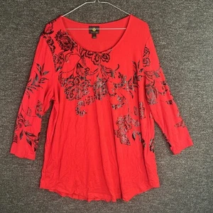 JM Collection flowers Black Floral Top Red Pullover Size L - Picture 1 of 4