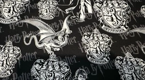 Harry Potter Cotton Fabric 2.5 yards!!! Black & White Gryffindor House Crest - Picture 1 of 1