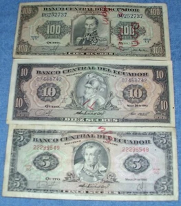 BANCO CENTRAL DEL ECUADOR Circulated Cinco/Diez/Cien Sucres 1980 May & Feb Notes - Picture 1 of 4