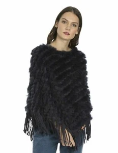 Jayley Navy Blue Fox And Coney Fur Suedette  Fringed Poncho One Size Bnwt - Picture 1 of 3