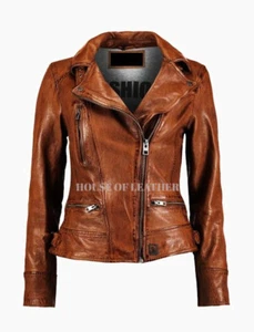 Womens Latest Cafe Racer Moto Biker Distressed Brown Vintage Real Leather Jacket - Picture 1 of 4