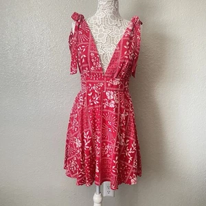 House of Harlow 1960 Sz S Red Floral Bandana Tie Shoulders Cottage Linen Dress - Picture 1 of 16