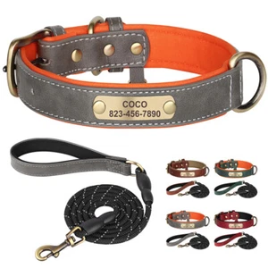 Soft Leather Padded Dog Collar and Leash Set Custom Pet Name ID Adjustable XS-XL - Picture 1 of 20