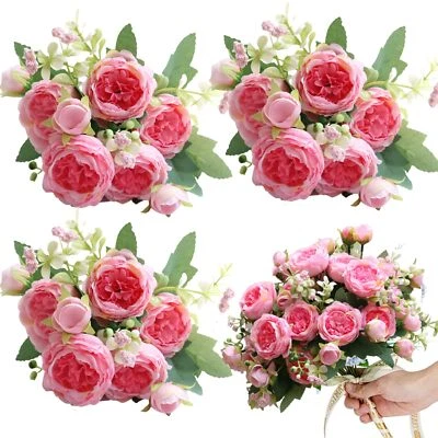 Ramo de peonías artificiales de peonía rosa de 3 piezas para el hogar y la boda Foto 1 de 4