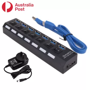 7 Port High Speed Multi USB Hub USB 3.0 With Power Supply and Switches - Picture 1 of 7