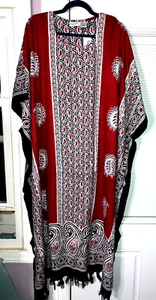 NEW 100% RAYON MUMU 2X 3X SANTE KAFTAN CAFTAN DRESS RED BLACK WHITE HAS FRINGES - Picture 1 of 7