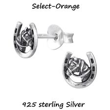 925 Sterling Silver Horse & Horseshoe Oxidised Stud Earrings Boxed + Gift Pouch