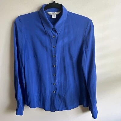 Blusa Top Informal Esquina 100% Seda Mangas Largas Azul Real Mujer Abotonada Talla 10 Foto 1 de 4
