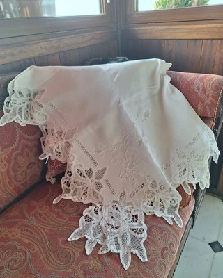 Antica Mantovana Tenda Striscia Lino Ricamo Mano Epoca Liberty Cm205x85 - Immagine 1 di 4