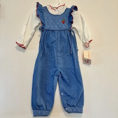 Vintage Evy Of California Blue Overalls White Top Outfit Cherries Girl 18 Months - Image 1 of 4