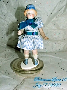 Antique 1930's Japan Antique Blue Hat Jointed Arms & legs Bisque 6'' Girl Doll - Picture 1 of 8