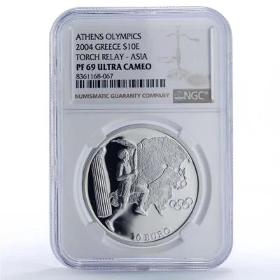 Greece 10 euro Olympics Torch Relay Athens Asia PF69 NCG silver coin 2004 - Image 1 of 4