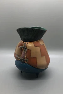 Ceramic Vase Terra Eclectic Hand Painted 7x5 Signed Pottery Glaze Mix Foot Funky - Picture 1 of 9