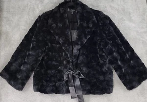Max Studio Faux Fur Jacket Womens XL Black Front Tie Long Sleeve Mob Wife Coat - Picture 1 of 12