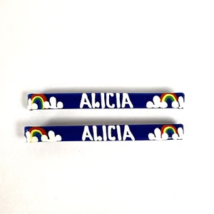 Vintage 1980s Blue Hair Barrettes with Painted Rainbow and Name "Alicia" - Picture 1 of 4