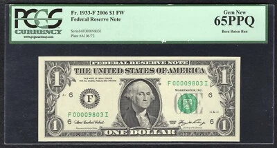FR. 1933-F 2006 $1 FW FRN ATLANTA, GA “LOW SERIAL #9803” PCGS GEM UNC-65PPQ - Image 1 of 2