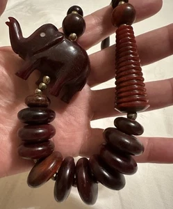 Vintage Hand Carved Elephant Ivory Pendant w/ Wooden beads Necklace - Picture 1 of 8