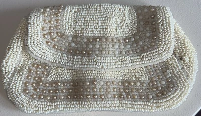 Vintage Beaded Belt Bag Coin Purse Snap Close Ivory Hand Made In France *Read - Image 1 of 4