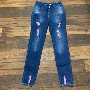 Makua Colombian Butt Lift “Jeans – Size 10, Dark Blue Pink Distressed Push Up - Picture 1 of 10