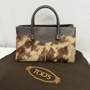 Tod's Leather & Calf Hair Purse Tote Style Brown & Khaki Beige With Sleeper Bag - Picture 1 of 14