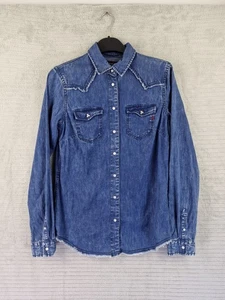 Replay Jeans Womens Blue Denim Distressed Shirt Western Pearl Snaps Size S... - Picture 1 of 20