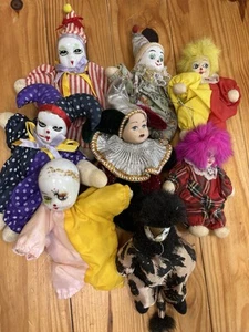 Vintage Lot 8 Q Tee Clown Dolls Sand Filled Body Don't Seem To Be Haunted - Picture 1 of 16