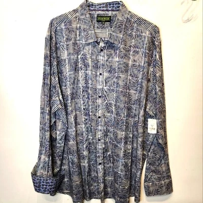 Inserch New Mens Dress Shirt Contrast Cuff Navy Plaid Leaf Comfortable Size 4XL - Image 1 of 4