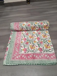 Indian Handmade Cotton Floral Print Kantha Quilt Throw Blanket Bedspread Gudari - Picture 1 of 6