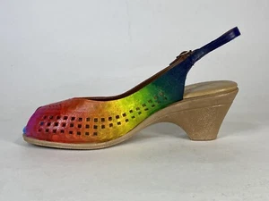 Vintage 1980's hand-painted RAINBOW color leather wedge heels peep toe shoes 7.5 - Picture 1 of 11