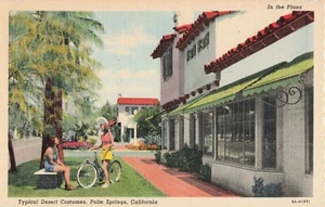 CA Palm Springs California-Plaza-Bicicletta-Cartolina d'epoca 1938 in lino (E8) - Foto 1 di 3