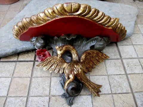 Antique Large Lovely Corbel Wall Shelf Bracket Art Wood Hand Carved Griffon Bird Cover