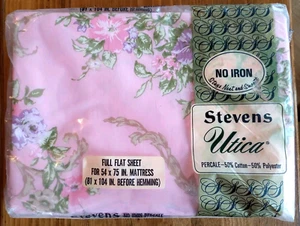 Lenzuolo piatto completo vintage Stevens Utica percalle rosa floreale senza ferro NUOVO 54x75" - Foto 1 di 5