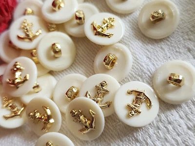 Lot 14 petits boutons vintage blanc doré ancre marin  1,3 cm ref 138 - Photo 1/3