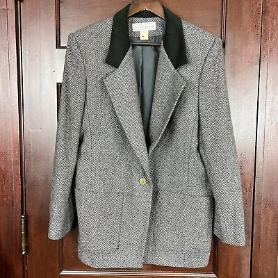 Blazer De Colección Norton McNaughton Para Mujer’s 12 Lana Gris Cuadros Verde Cuello Terciopelo Foto 1 de 4
