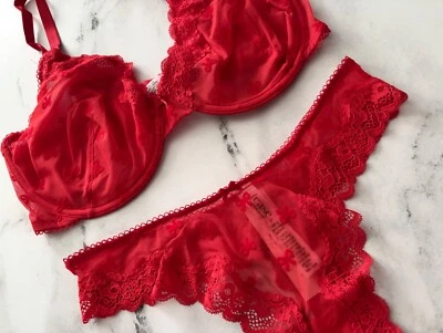 Victoria's Secret Nwt Tease Unlined Demi Bra High Leg Thong Sheer Mesh Red Set - Image 1 of 4
