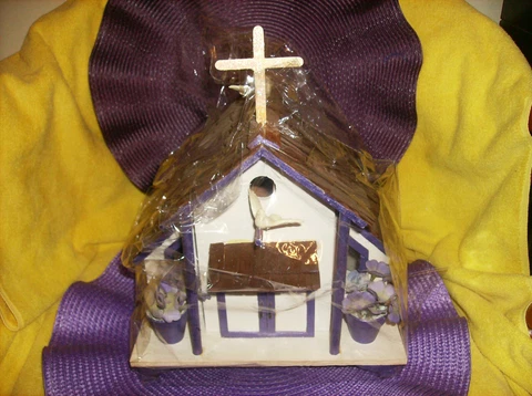 NEW DECORATIVE PURPLE WOOD BIRD HOUSE DOVE CROSS MADE IN USA 11" H 9" W 7" D NEW Cover