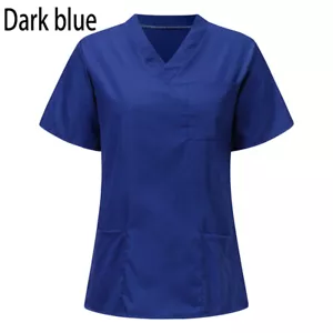 Women Nurse Nursing Uniform Short Sleeve T-shirt Unisex V-Neck Scrub Blouse Top - Picture 1 of 14