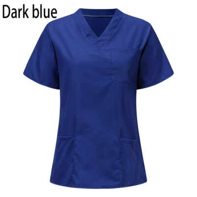 Women Nurse Nursing Uniform Short Sleeve T-shirt Unisex V-Neck Scrub Blouse Top - Image 1 of 4