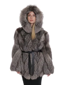 Women's 42 Silver Silver Fur Hood Transversal Fox Jacket with Long Sleeve Belt - Picture 1 of 6