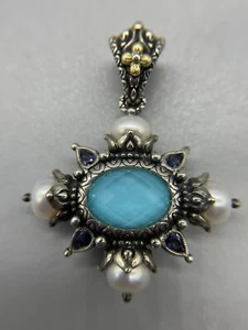 BARBARA BIXBY ENHANCER PENDANT TURQUOISE DOUBLET,PEARLS,IOLITE CROSS STERLING - Picture 1 of 12